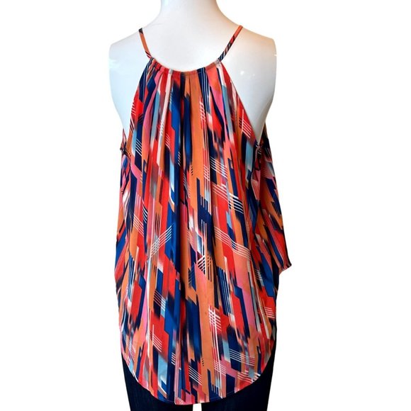 Lush Women Halter Blouse Top Geometric Pleated Neckline Orange Blue Size Small - Picture 2 of 7